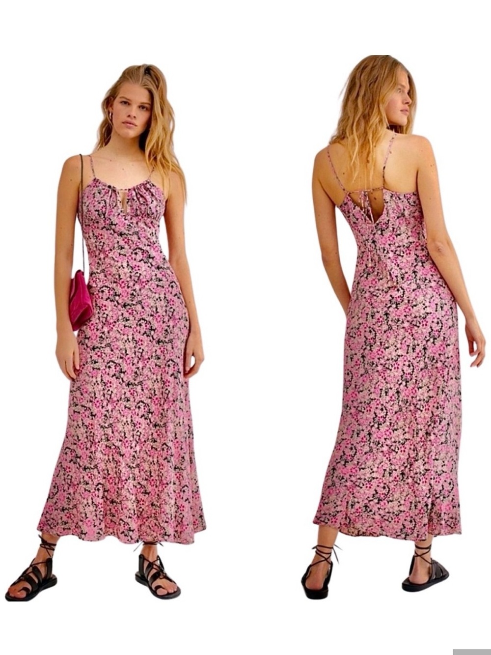 Free People Bon Voyage Pink Floral Slip Maxi Dress with Keyhole